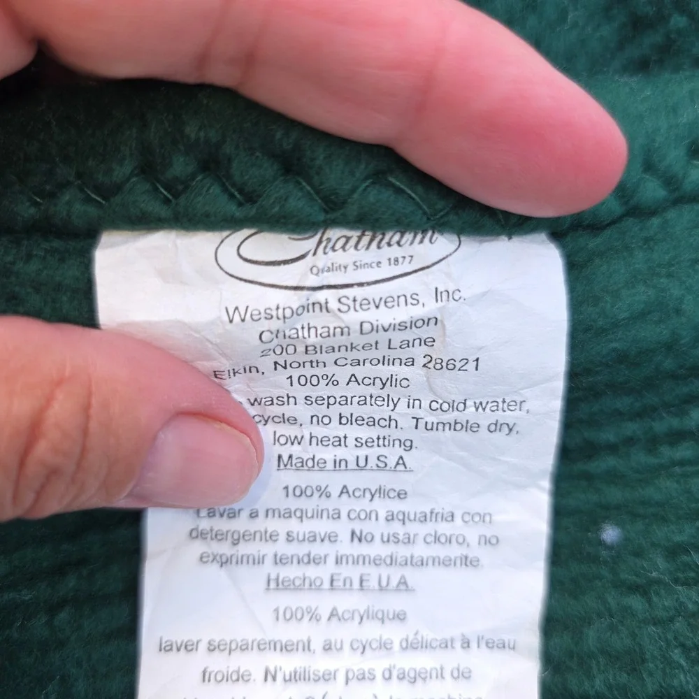 Vintage waffle weave Hunter Green Acrylic Satin Trim Blanket USA